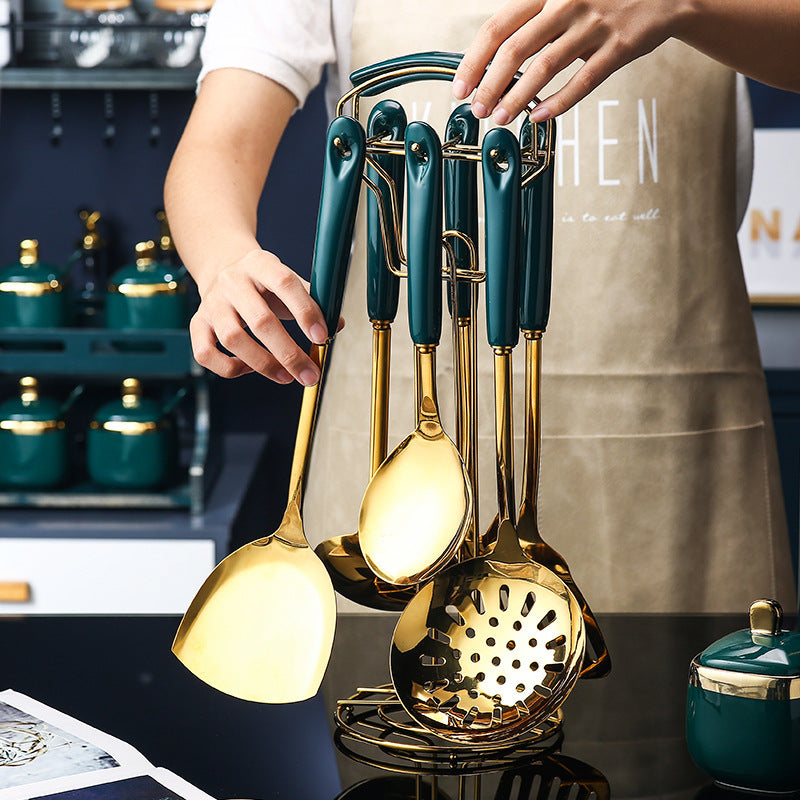 Набор из 7 кухонных принадлежностей из нержавеющей стали: лопатка с прорезями, лопатка, половник, сервировочная ложка, лопатка для пасты