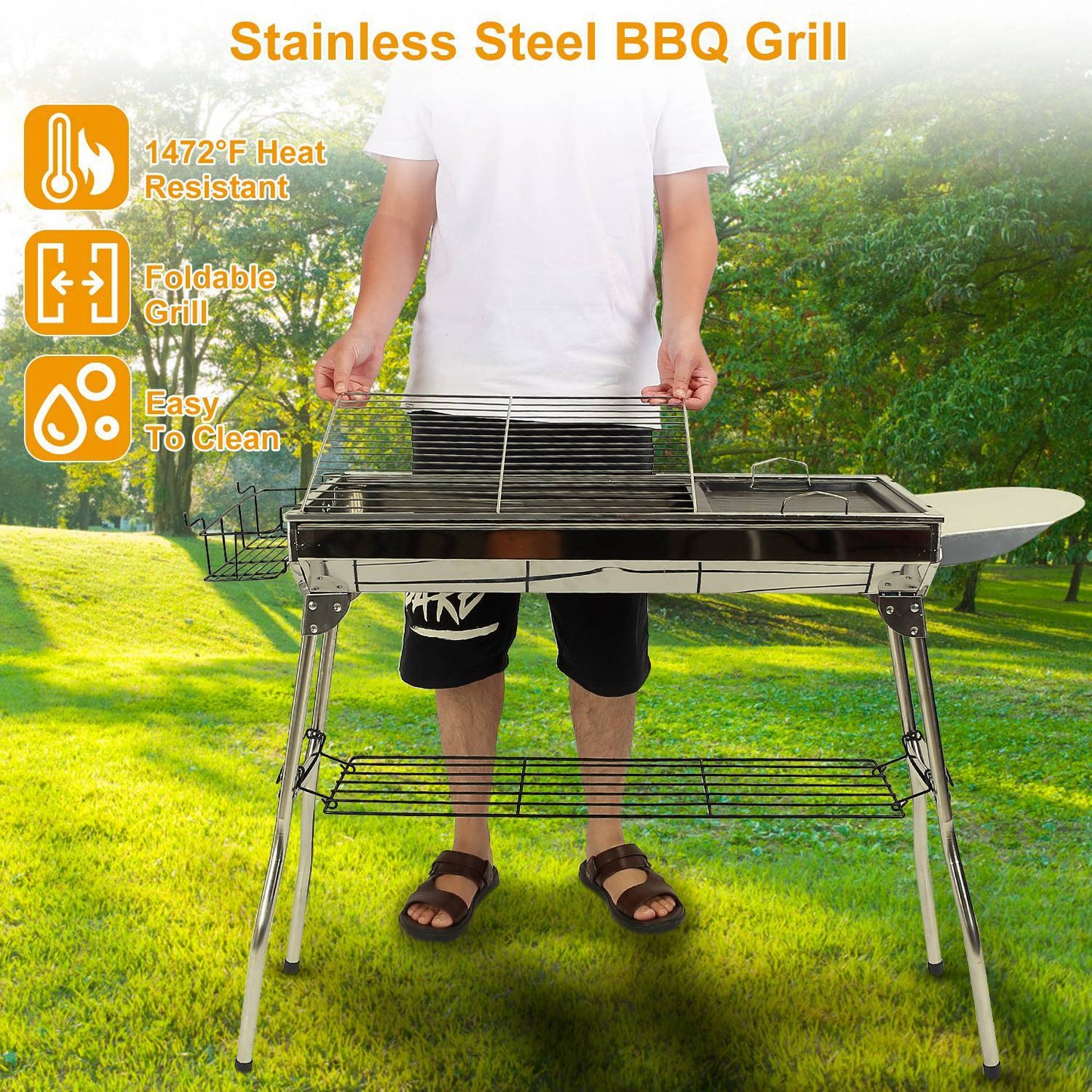 1-Piece Foldable BBQ Grill Portable Charcoal Barbeque Grill Stainless Steel BBQ Grill For Picnic, Camping