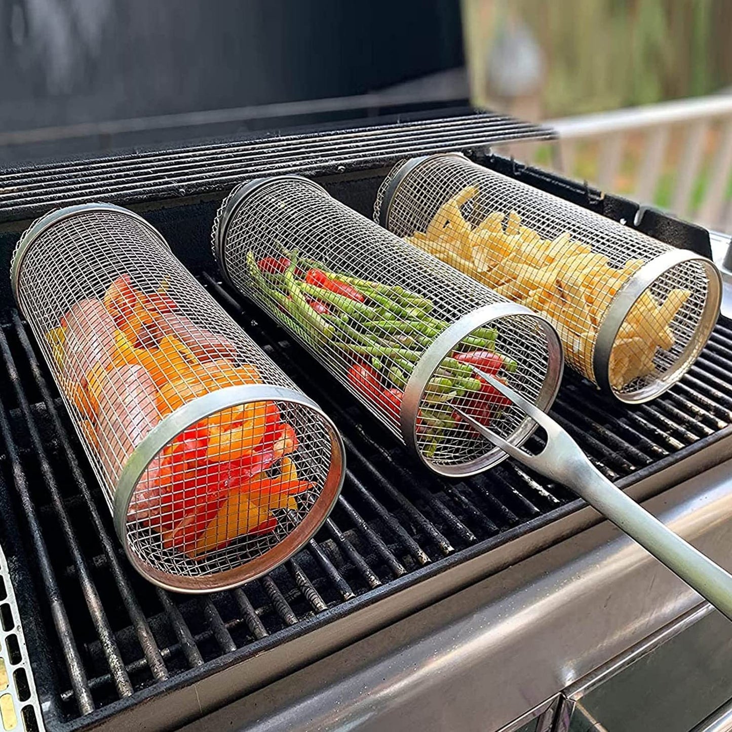 Rolling Grilling Basket Metal BBQ Barbecue Basket Net Portable Outdoor Camping