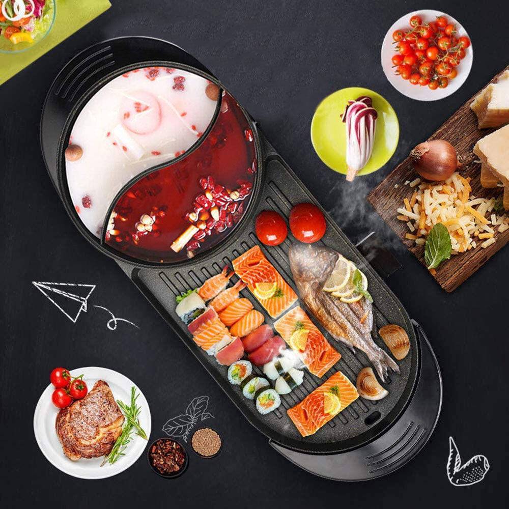 Electric 2-in-1 Hotpot BBQ Grill Oven Smokeless Barbecue Cooking Pan