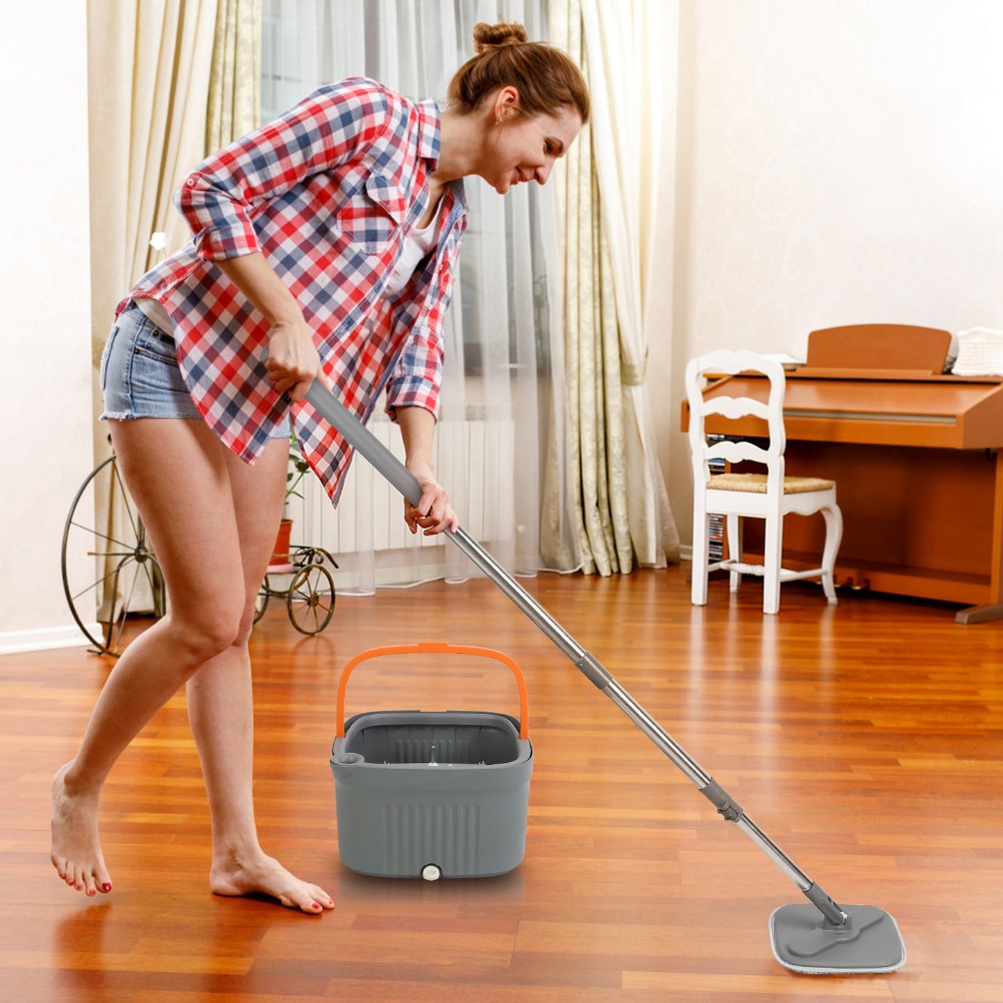 Spin Mop and Bucket System with Dual Compartment Mop Bucket, Thick Washable Microfiber Mop Pads for Home Cleaning