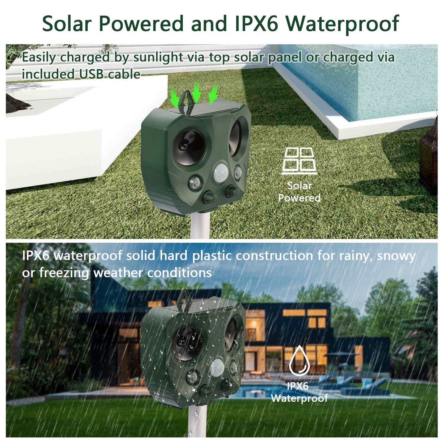 Ultrasonic Animal Repeller Solar Powered Repellent with Motion Sensor LED Flashing Lights for Outdoor, Farm, Garden, Yard