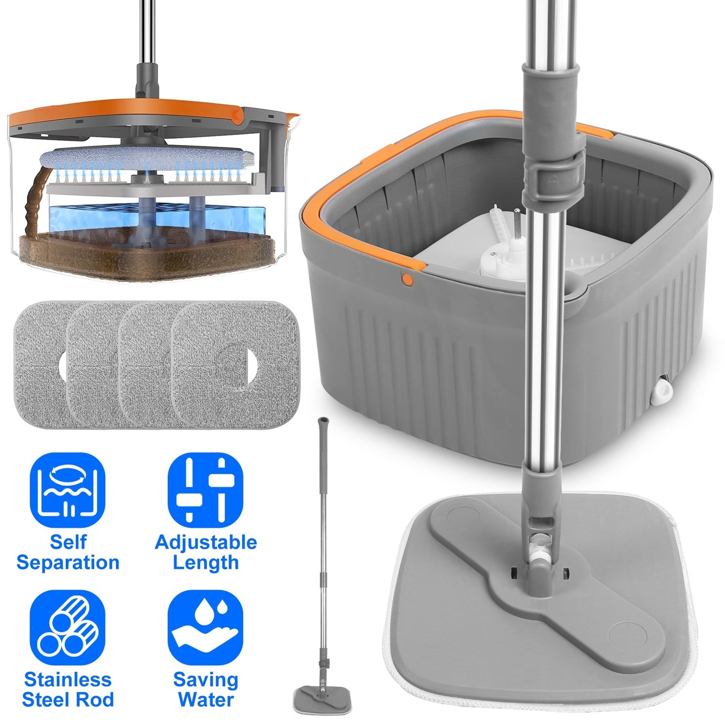 Spin Mop and Bucket System with Dual Compartment Mop Bucket, Thick Washable Microfiber Mop Pads for Home Cleaning