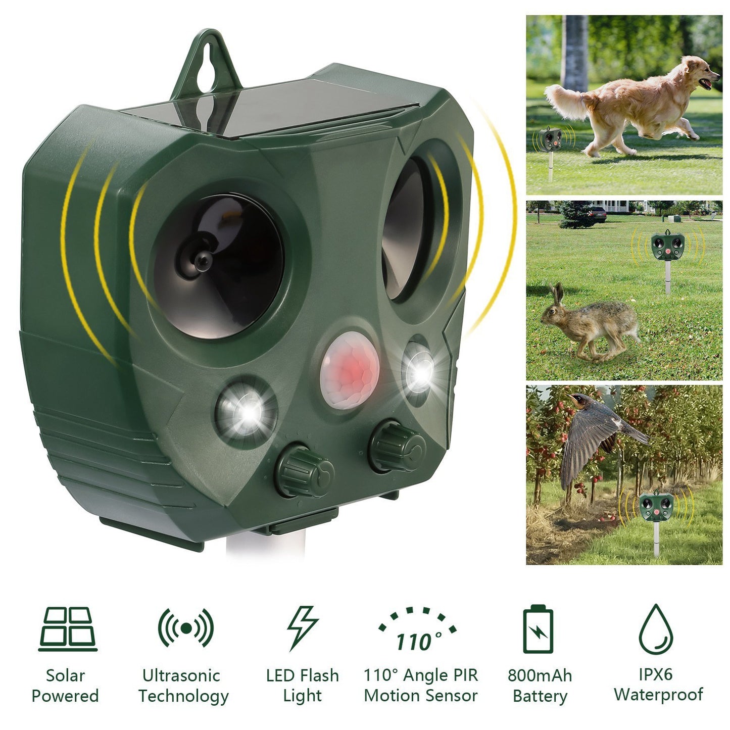 Ultrasonic Animal Repeller Solar Powered Repellent with Motion Sensor LED Flashing Lights for Outdoor, Farm, Garden, Yard