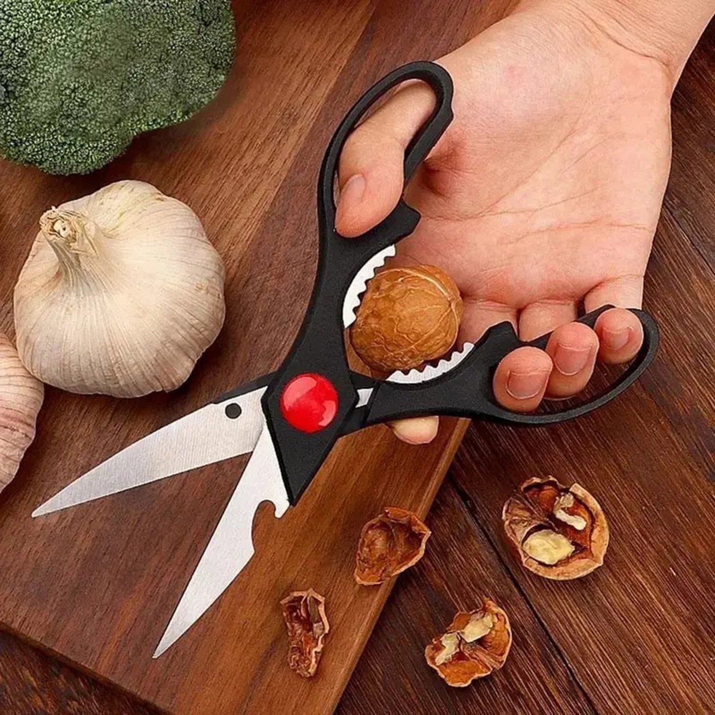 Food Scissors with Walnut Tongs, Bottle Opener, Can Opener, Vegetable Cutting