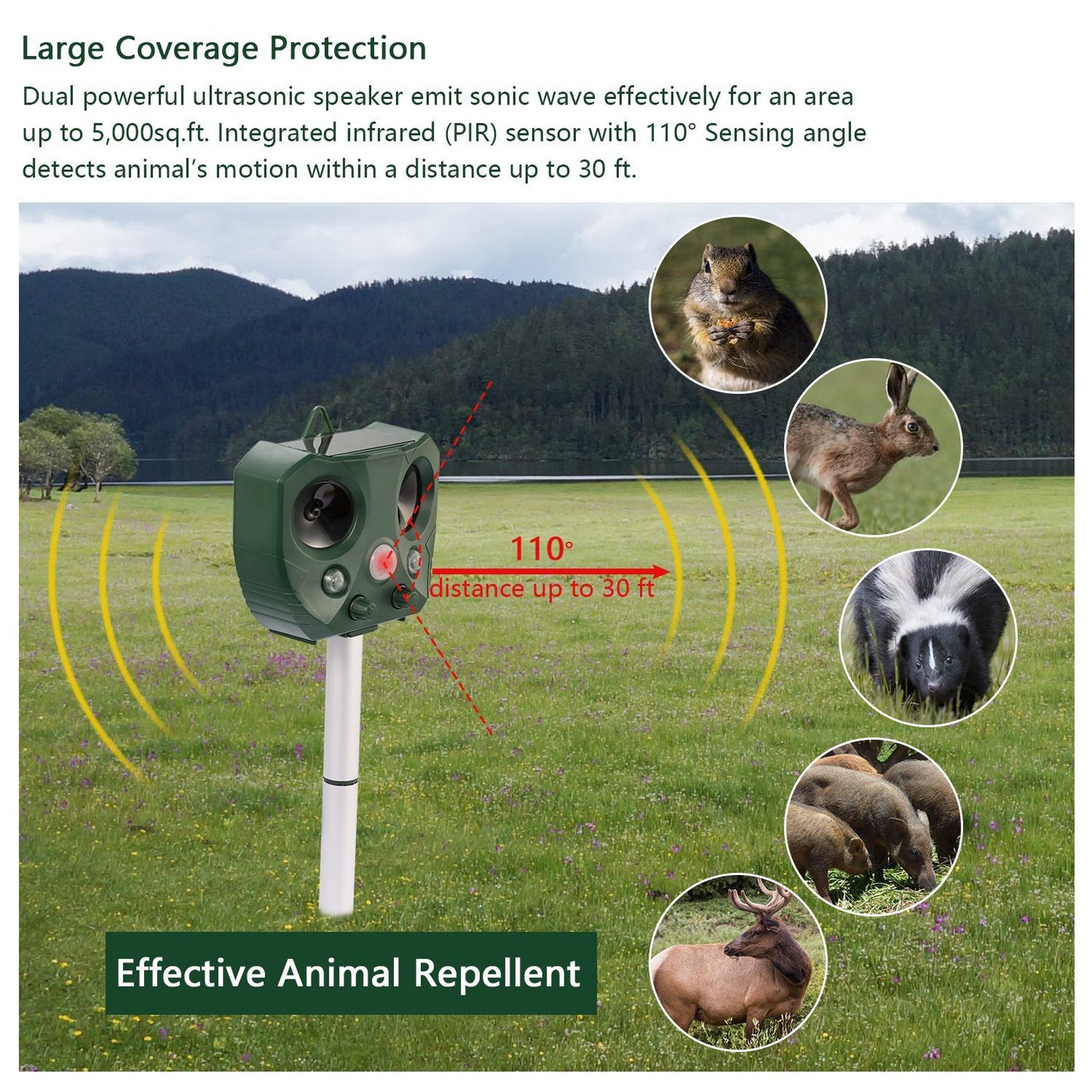 Ultrasonic Animal Repeller Solar Powered Repellent with Motion Sensor LED Flashing Lights for Outdoor, Farm, Garden, Yard