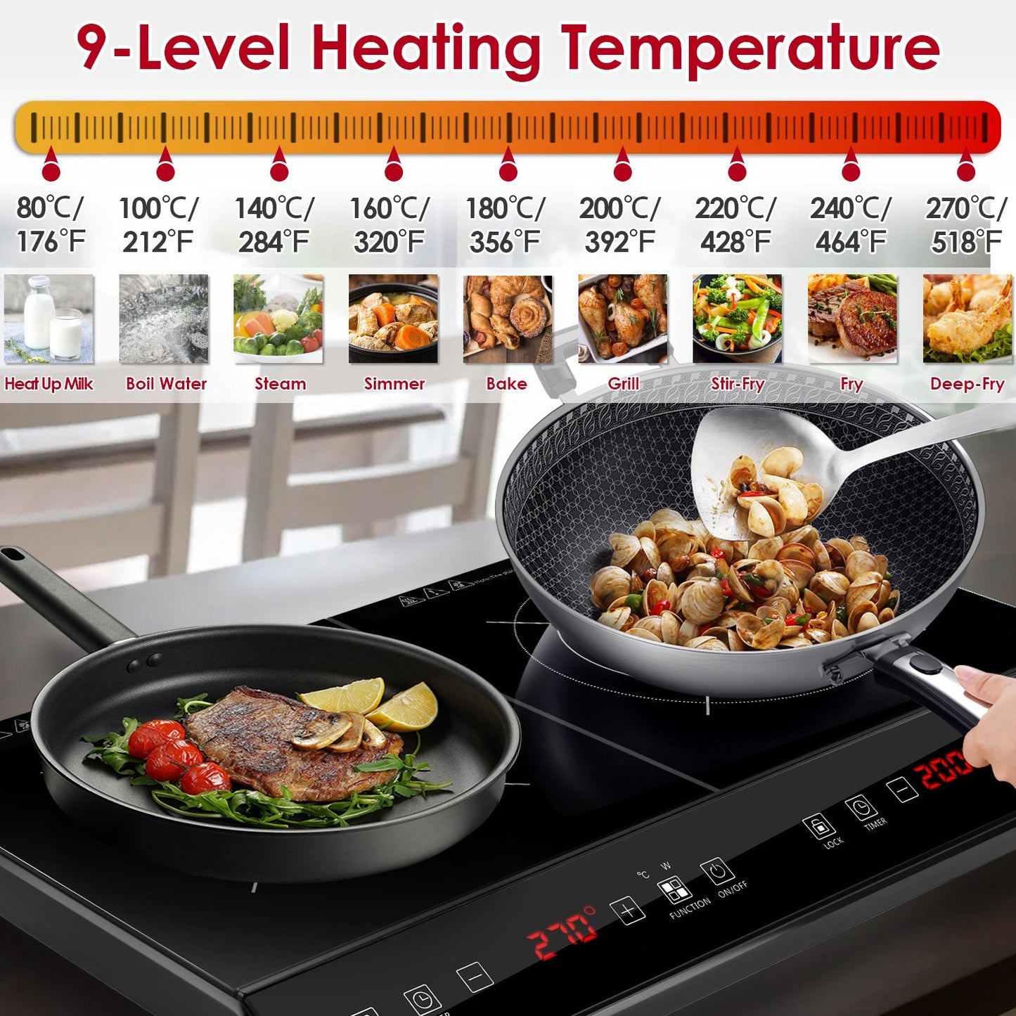 Dual Burner Induction Cooktop Portable Double Induction Cooker Electric Stove Countertop Hot Plate With 9 Power 9 Temperature 3H Timer