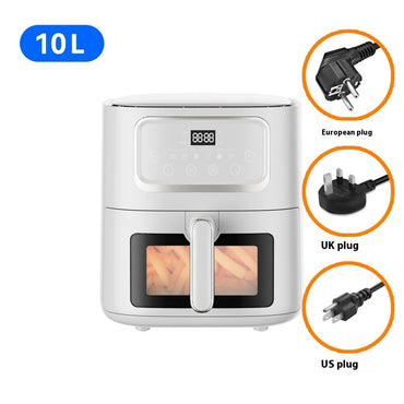 10L air fryer with plug compatibility icons on a white background