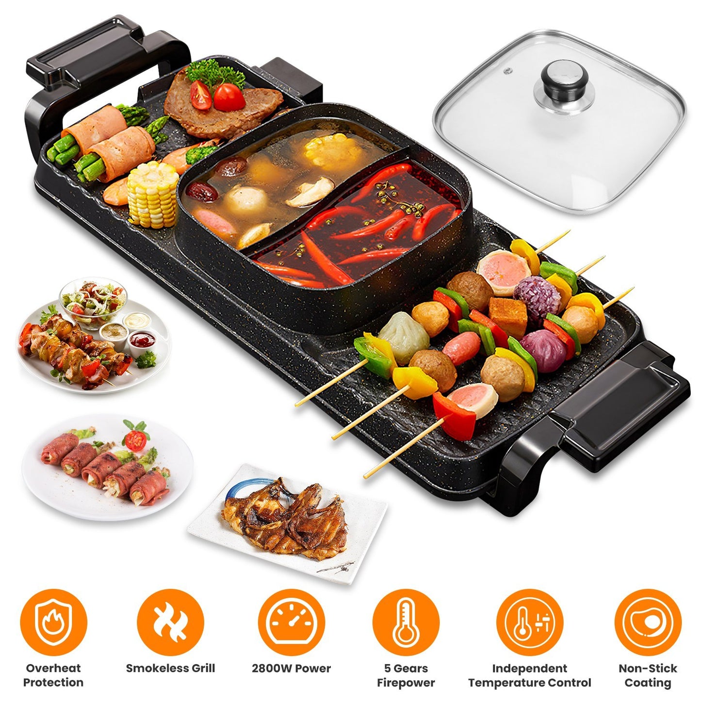 2-in-1 Electric Hot Pot With Grill 2800W Smokeless Non-Stick Korean BBQ Grill Shabu Shabu Hot Pot Combo With Independent Temperature Control 5 Gears Firepower For 3-10 People