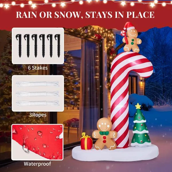 8.2ft Inflatable Giant Candy Cane With Gingerbread Man Glow Up with Built-in LED Lights for Outdoor Garden Christmas Decor Display