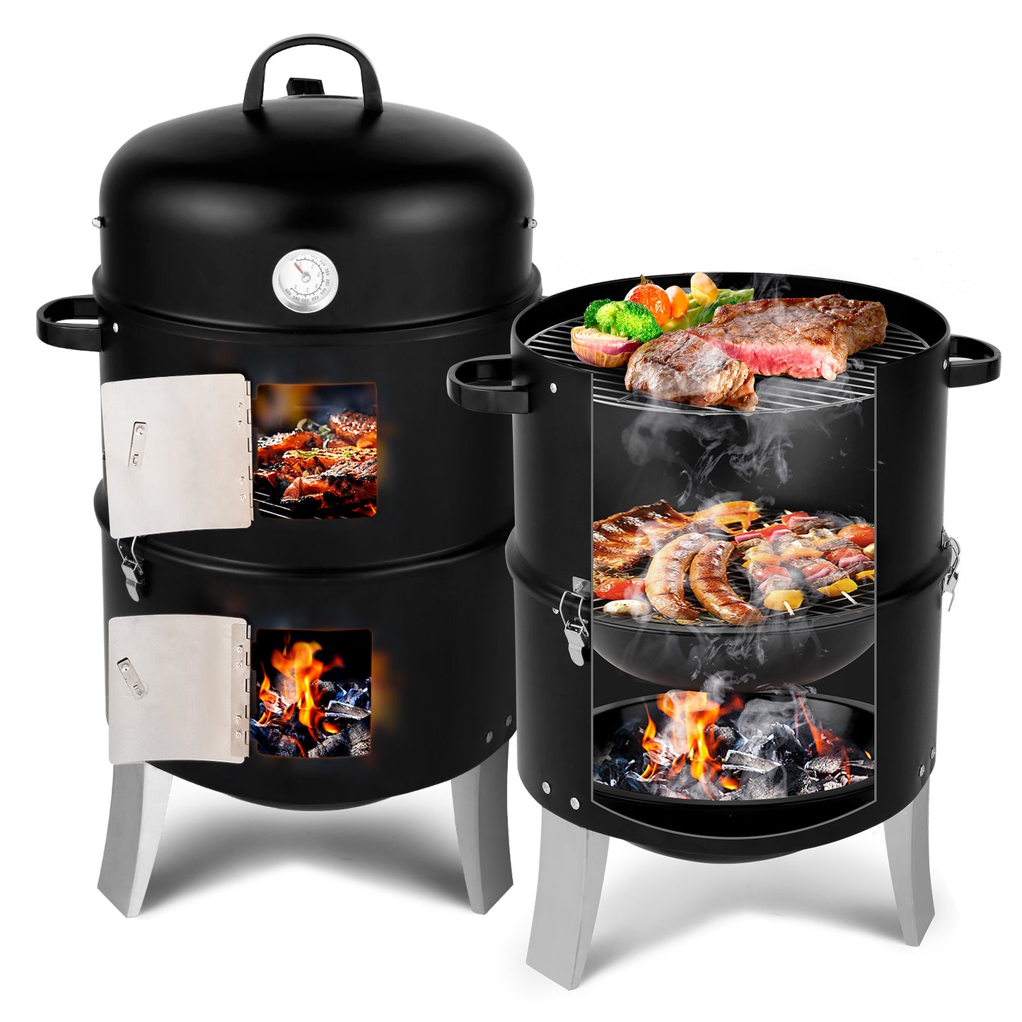 Black Double-walled Cylindrical Charcoal Grill