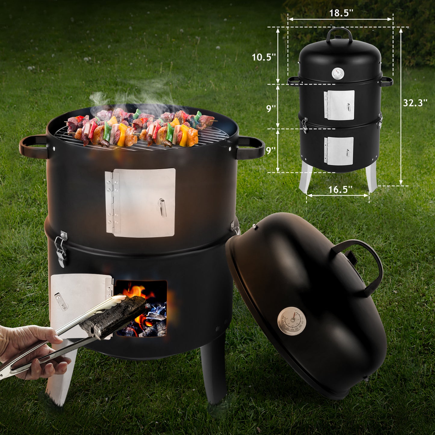 Black Double-walled Cylindrical Charcoal Grill