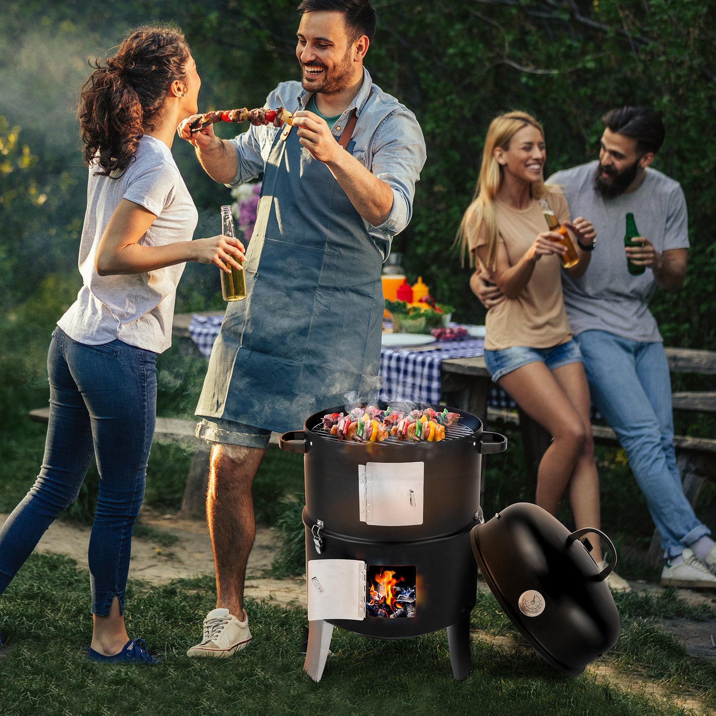 Black Double-walled Cylindrical Charcoal Grill