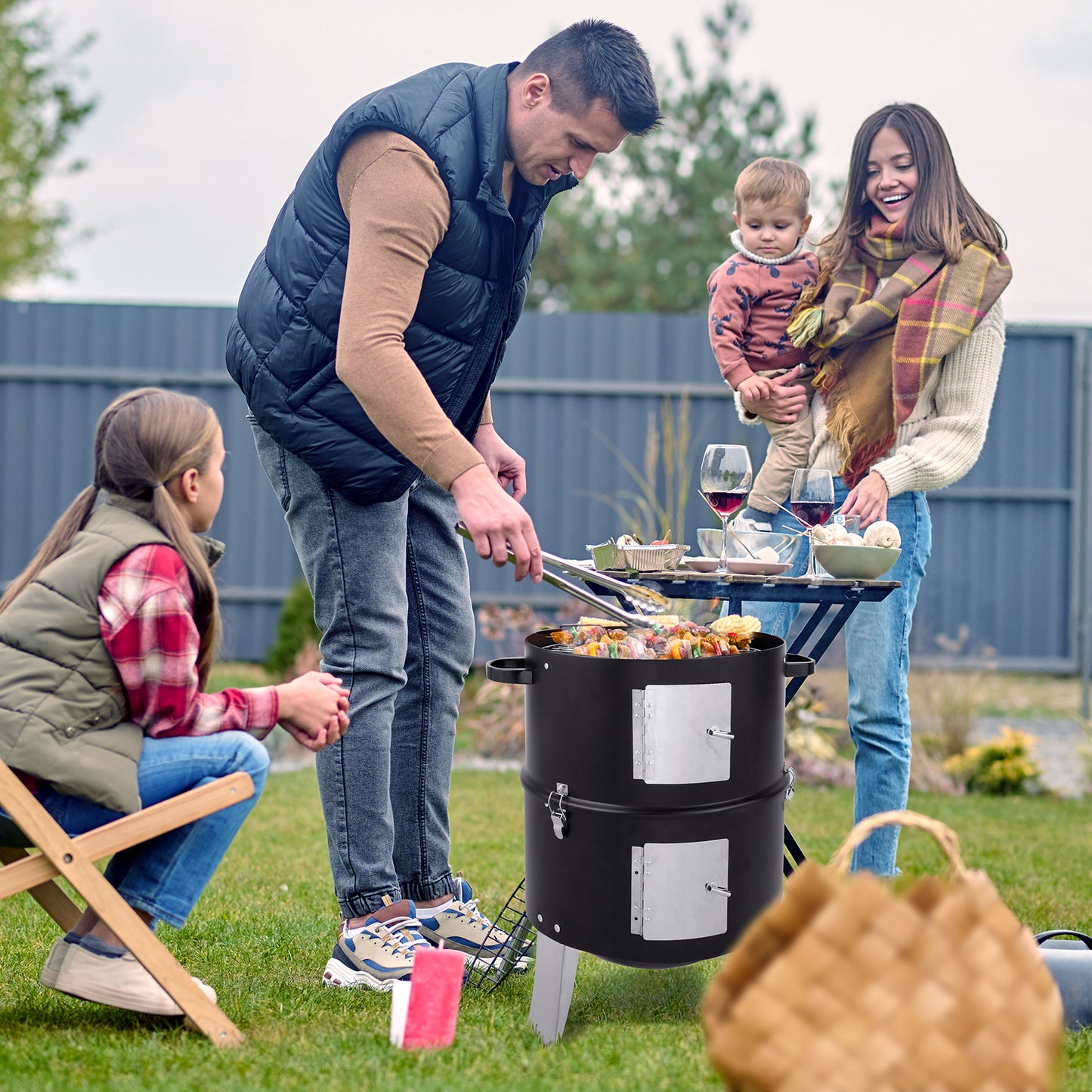 Black Double-walled Cylindrical Charcoal Grill