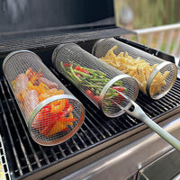 Rolling Grilling Basket Metal BBQ Barbecue Basket Net Portable Outdoor Camping