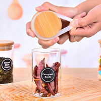 12个圆形硼硅酸盐玻璃罐，配竹盖和贴纸，可用于存放糖果、盐、香料、咖啡、干货等。