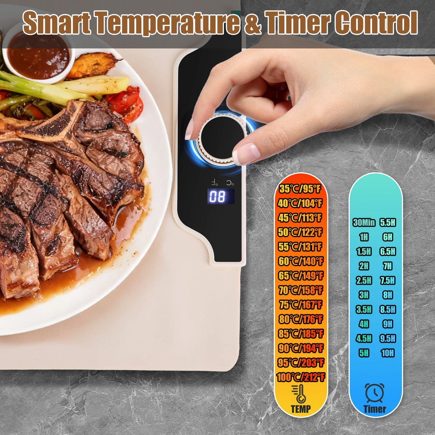 Fast Heating Roll-up Silicone Food Warming Mat With 14 Temp Levels 10Hrs Timer