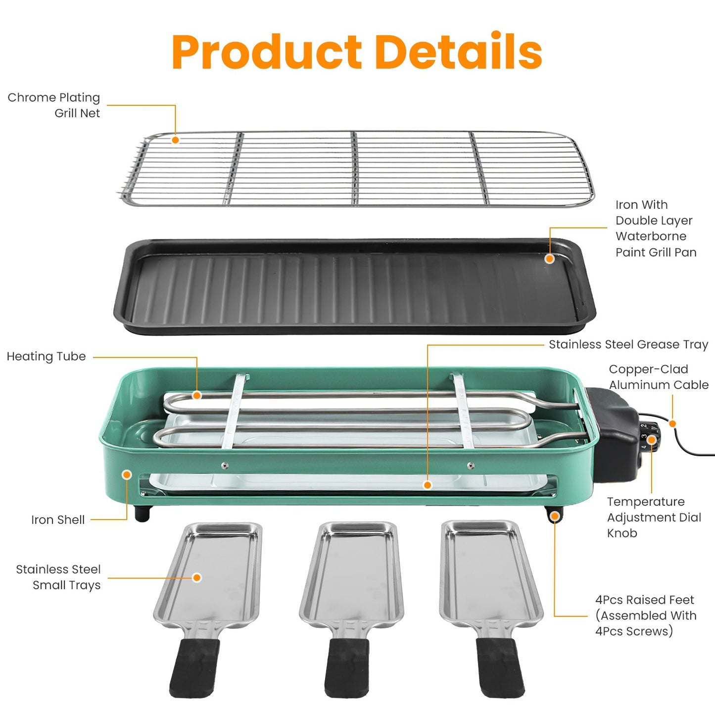 2-In-1 Electric BBQ Gill With Grill Net Removable Plate 5 Temperature Control 3 Small Trays Dishwasher Safe