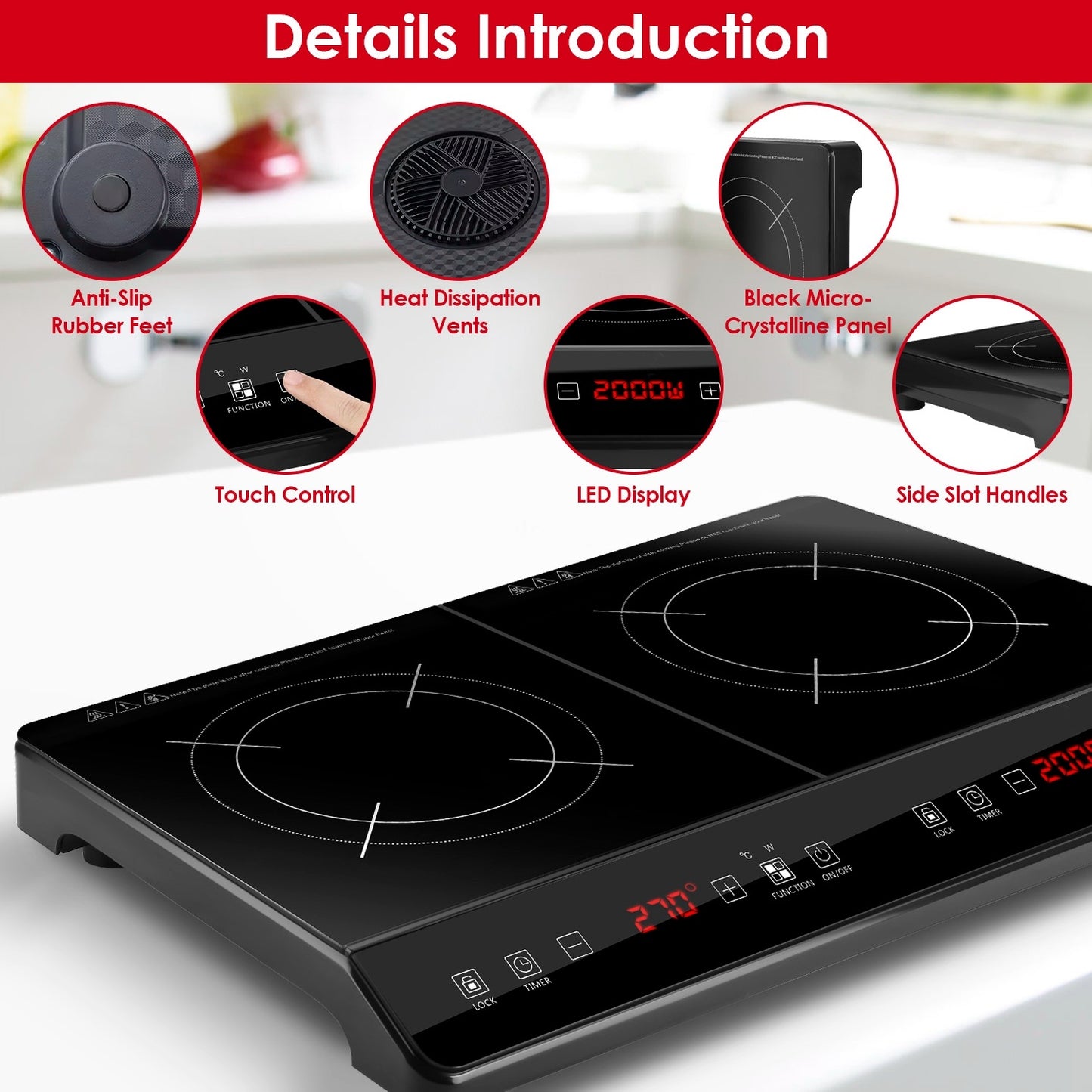 Dual Burner Induction Cooktop Portable Double Induction Cooker Electric Stove Countertop Hot Plate With 9 Power 9 Temperature 3H Timer