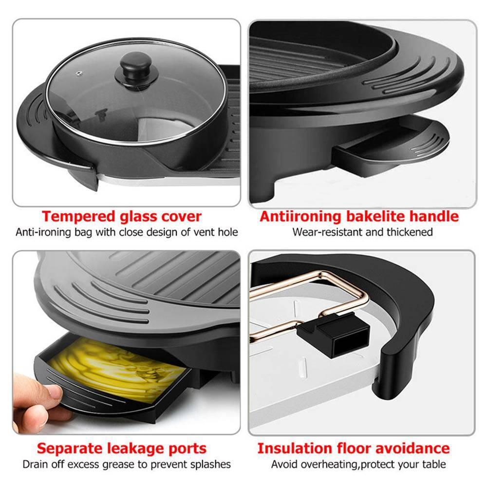 Electric 2-in-1 Hotpot BBQ Grill Oven Smokeless Barbecue Cooking Pan