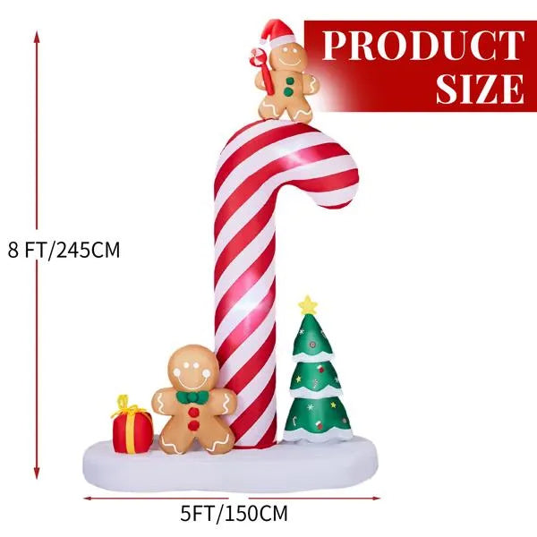 8.2ft Inflatable Giant Candy Cane With Gingerbread Man Glow Up with Built-in LED Lights for Outdoor Garden Christmas Decor Display