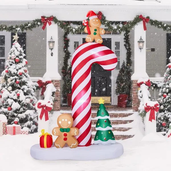 8.2ft Inflatable Giant Candy Cane With Gingerbread Man Glow Up with Built-in LED Lights for Outdoor Garden Christmas Decor Display