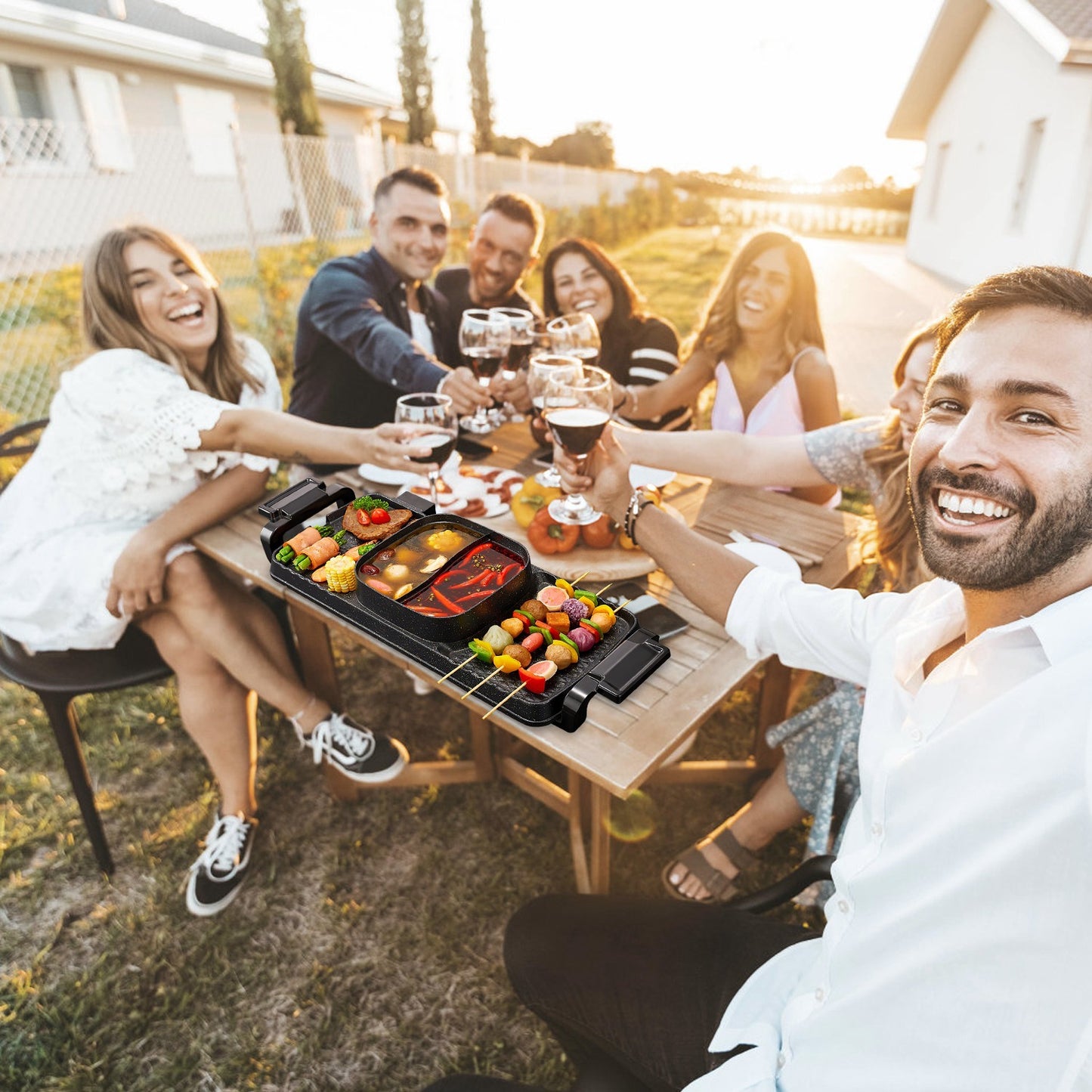 2-in-1 Electric Hot Pot With Grill 2800W Smokeless Non-Stick Korean BBQ Grill Shabu Shabu Hot Pot Combo With Independent Temperature Control 5 Gears Firepower For 3-10 People