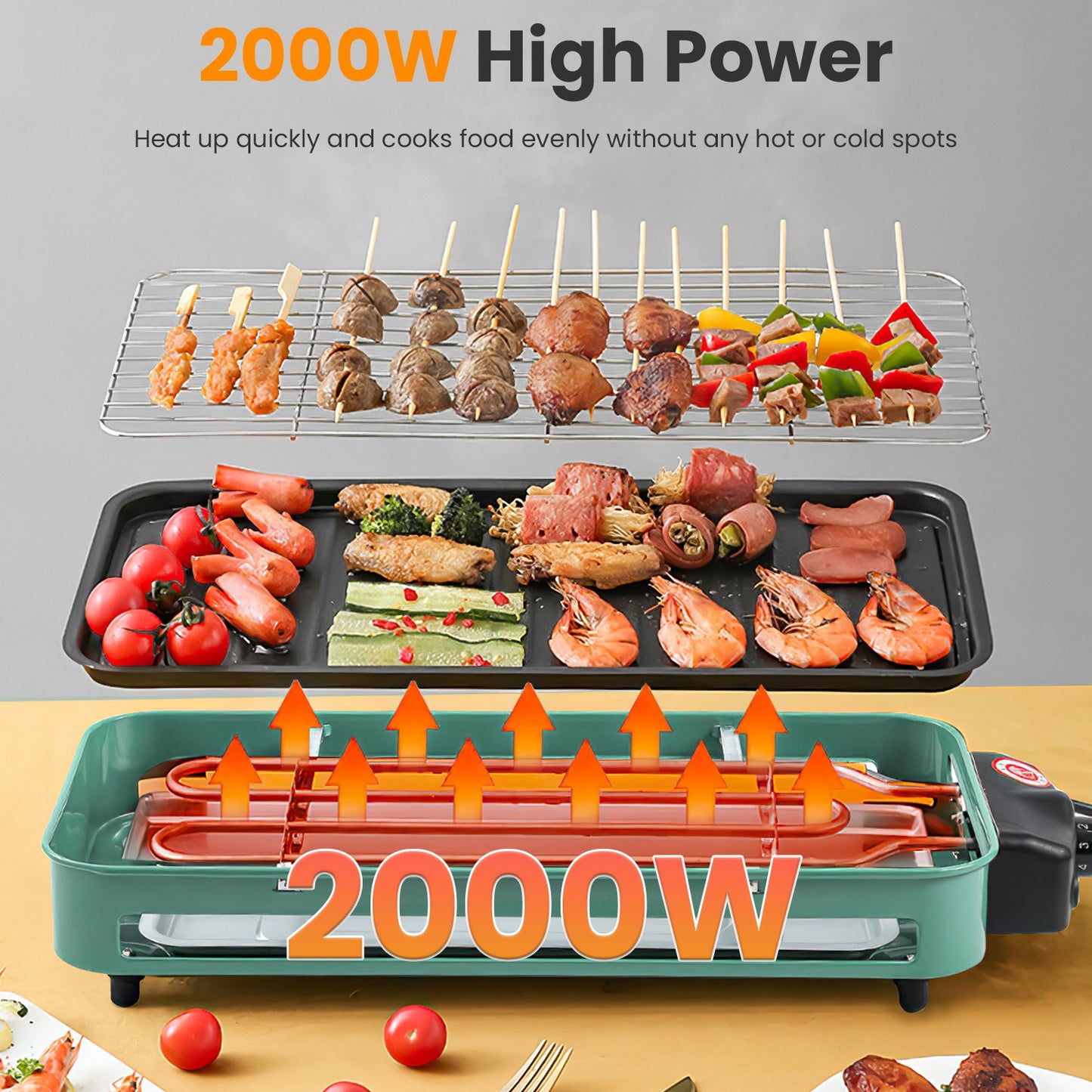 2-In-1 Electric BBQ Gill With Grill Net Removable Plate 5 Temperature Control 3 Small Trays Dishwasher Safe