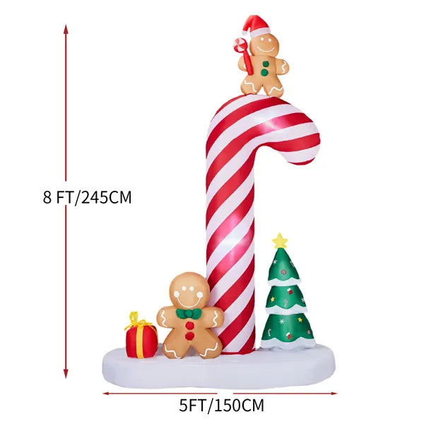 8.2ft Inflatable Giant Candy Cane With Gingerbread Man Glow Up with Built-in LED Lights for Outdoor Garden Christmas Decor Display