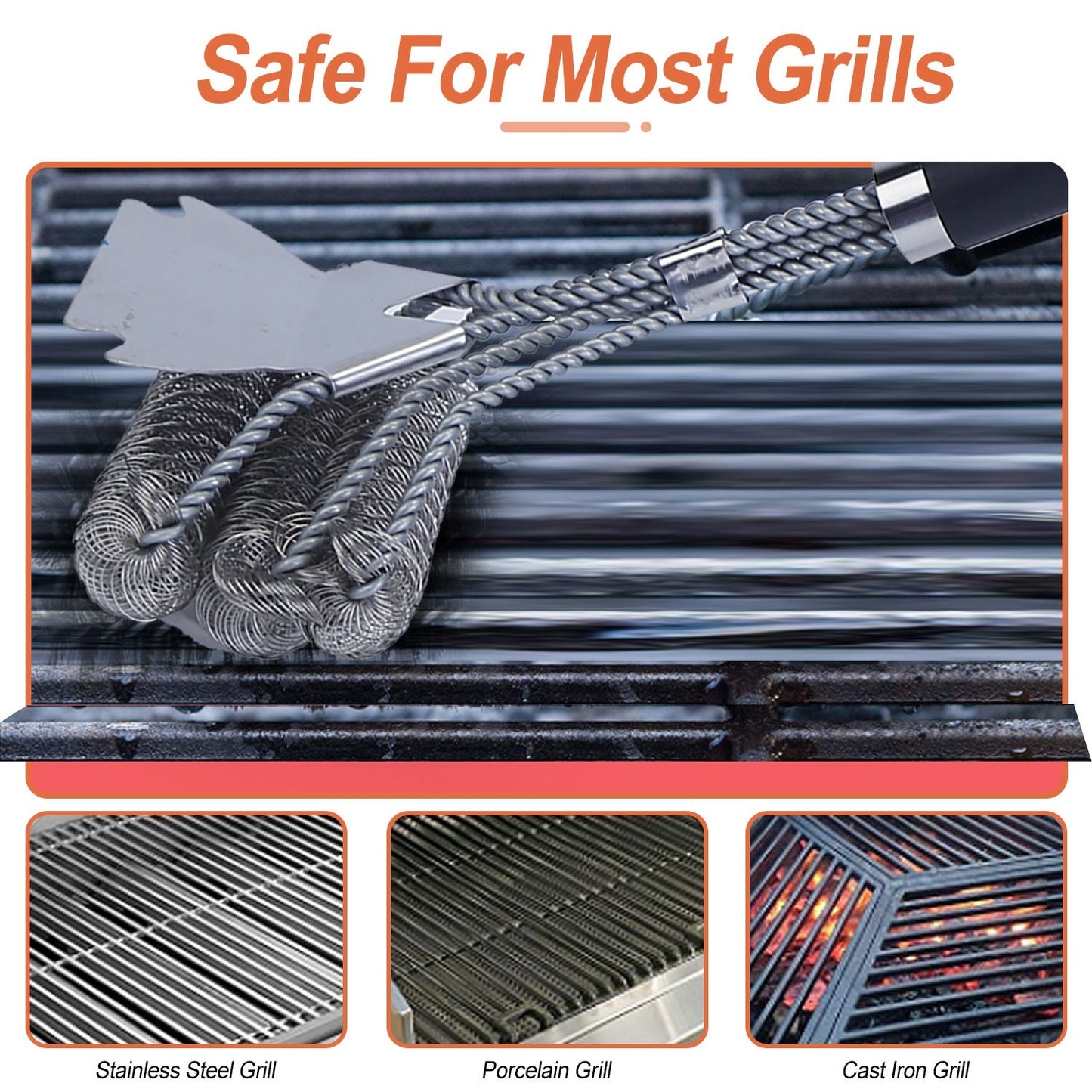Stainless Steel Grill and BBQ Cleaning Brush with Scraper