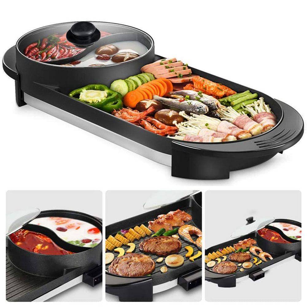 Electric 2-in-1 Hotpot BBQ Grill Oven Smokeless Barbecue Cooking Pan