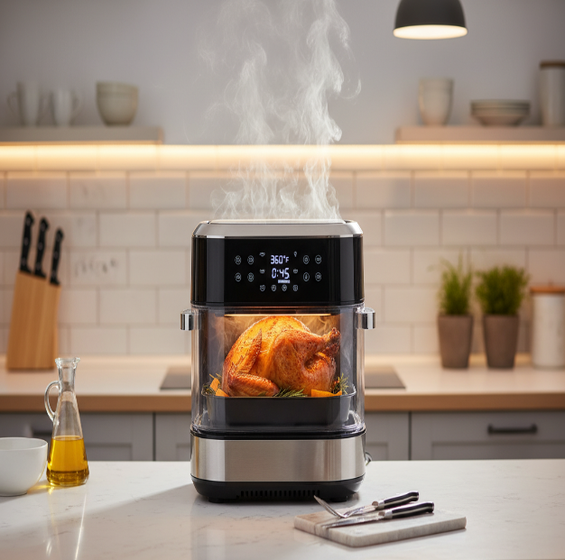 Air fryer at the kitchen for roasting turkey