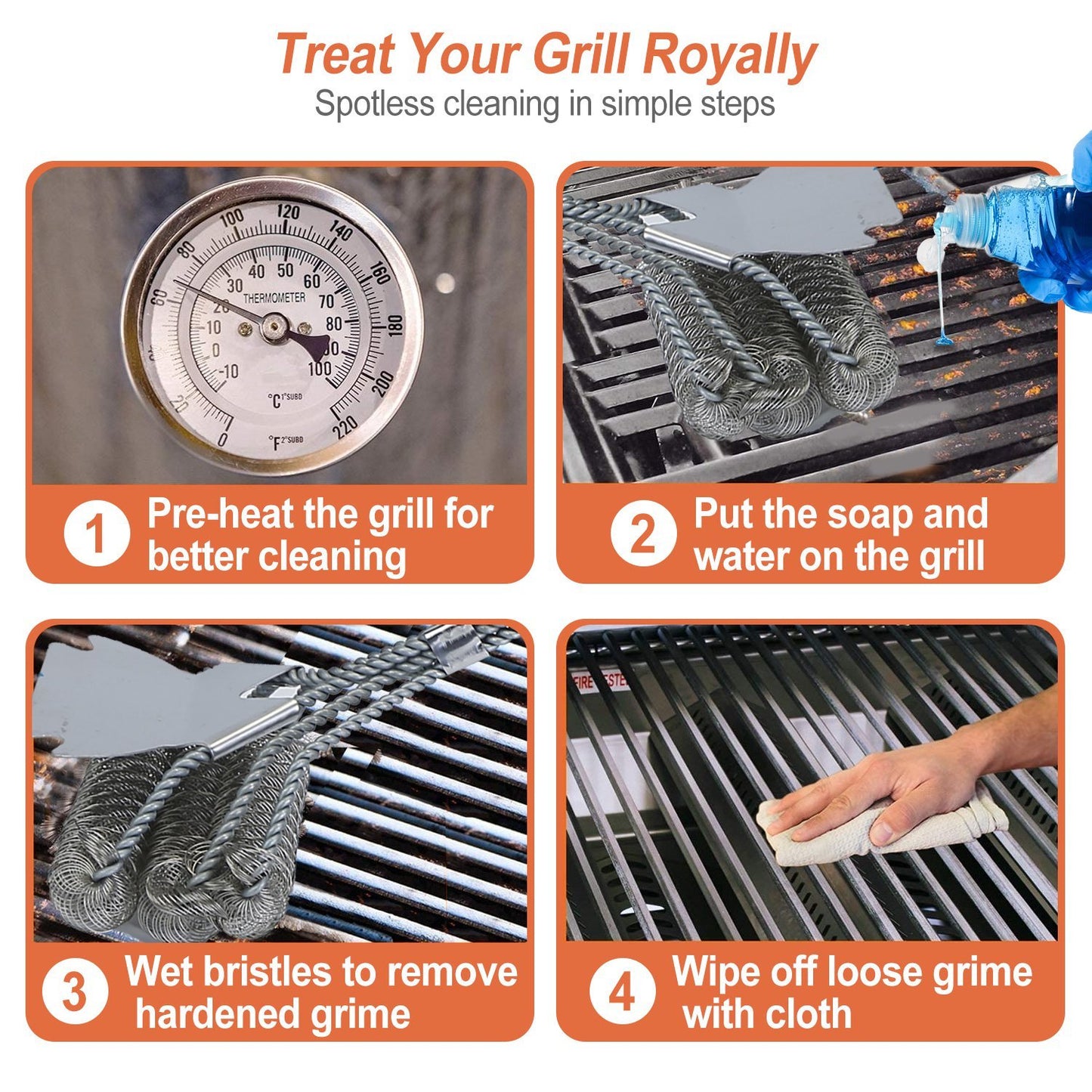 Stainless Steel Grill and BBQ Cleaning Brush with Scraper