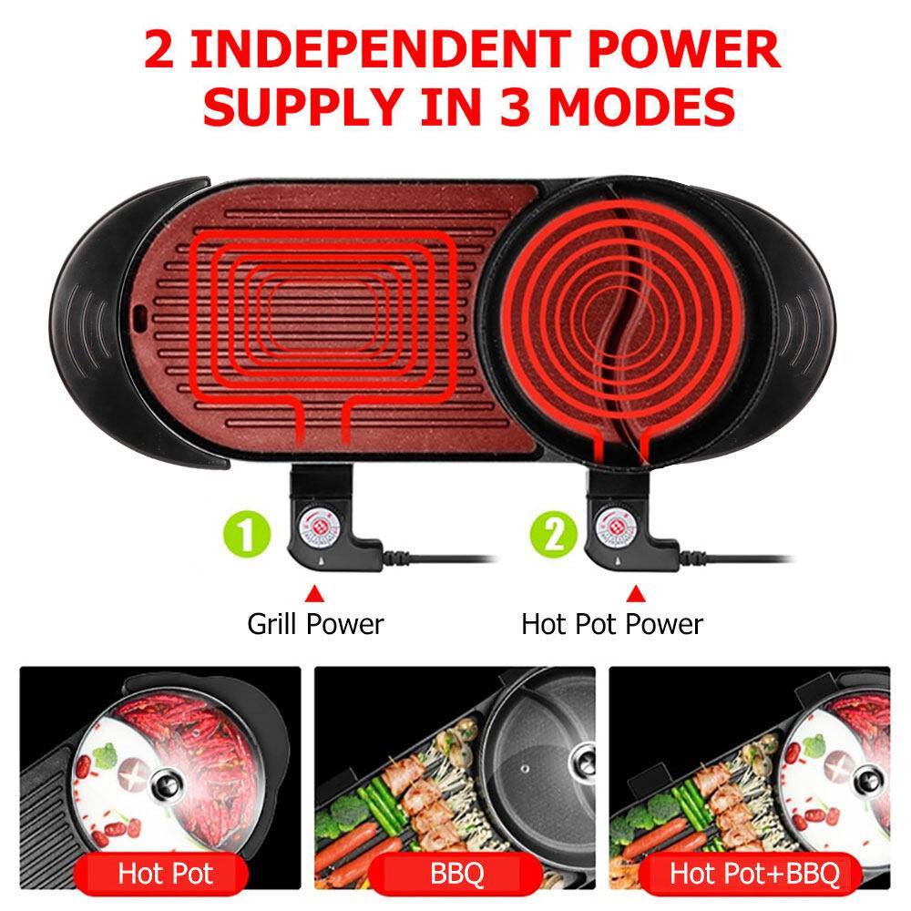 Electric 2-in-1 Hotpot BBQ Grill Oven Smokeless Barbecue Cooking Pan