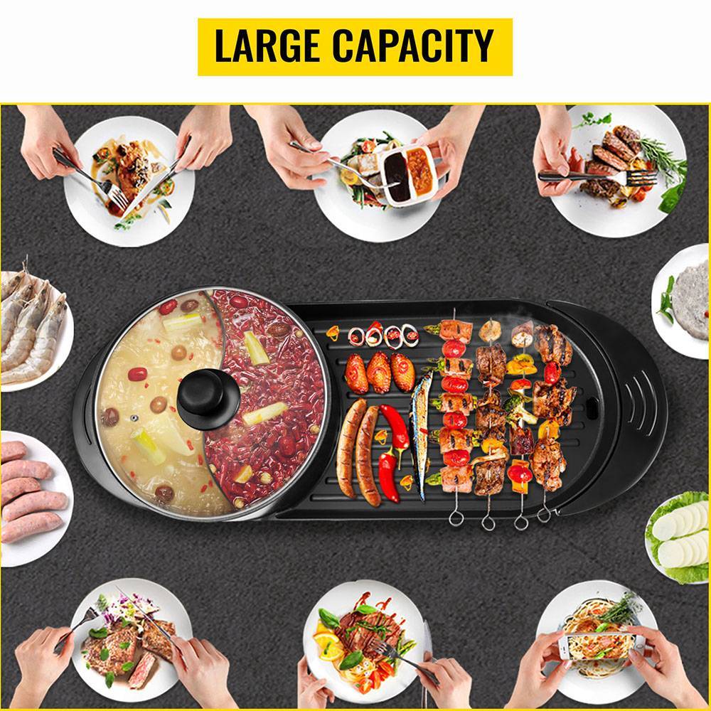 Electric 2-in-1 Hotpot BBQ Grill Oven Smokeless Barbecue Cooking Pan