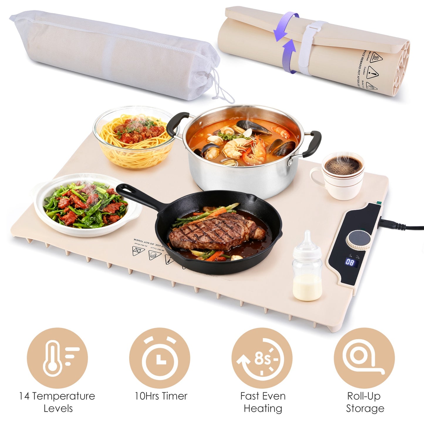 Fast Heating Roll-up Silicone Food Warming Mat With 14 Temp Levels 10Hrs Timer
