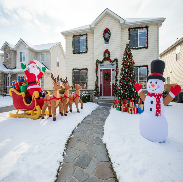 create image with light background with a huge outdoor santa sitting on a seigh with reindeers inflatable outdoor display with snowman on the other side of the footpath leading to the front door of a house with a christmas tree next to the front door surrounded with christmas presents