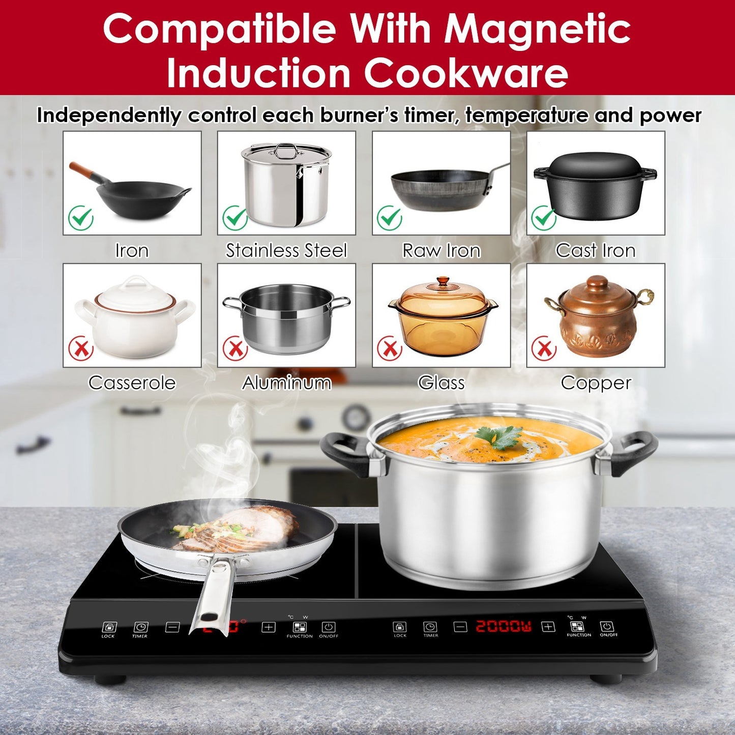 Dual Burner Induction Cooktop Portable Double Induction Cooker Electric Stove Countertop Hot Plate With 9 Power 9 Temperature 3H Timer