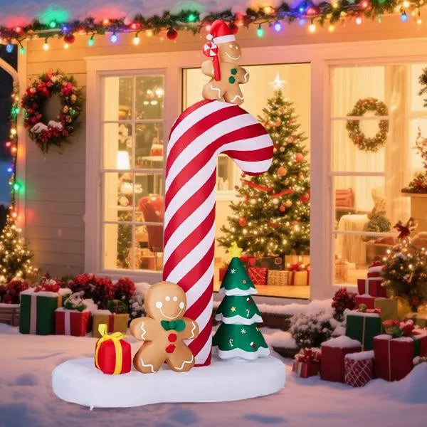 8.2ft Inflatable Giant Candy Cane With Gingerbread Man Glow Up with Built-in LED Lights for Outdoor Garden Christmas Decor Display