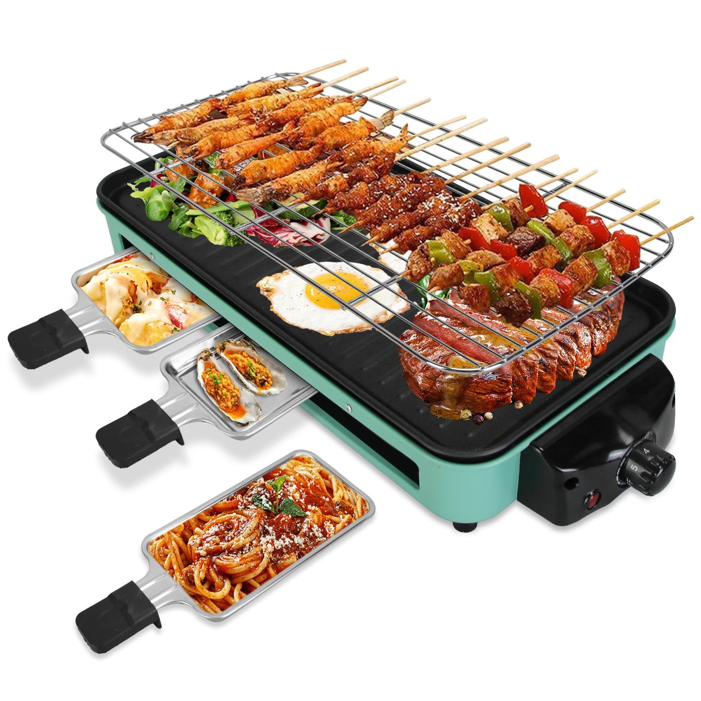 2-In-1 Electric BBQ Gill With Grill Net Removable Plate 5 Temperature Control 3 Small Trays Dishwasher Safe