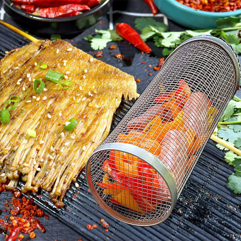 Rolling Grilling Basket Metal BBQ Barbecue Basket Net Portable Outdoor Camping