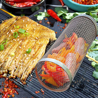 Rolling Grilling Basket Metal BBQ Barbecue Basket Net Portable Outdoor Camping