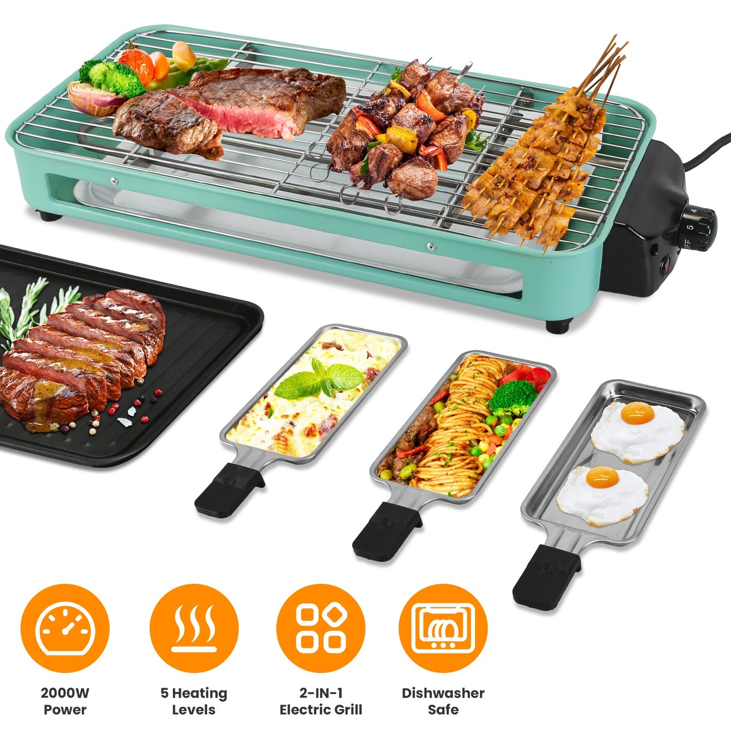 2-In-1 Electric BBQ Gill With Grill Net Removable Plate 5 Temperature Control 3 Small Trays Dishwasher Safe