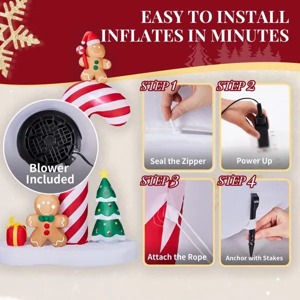 8.2ft Inflatable Giant Candy Cane With Gingerbread Man Glow Up with Built-in LED Lights for Outdoor Garden Christmas Decor Display