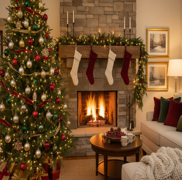 Green Cedar Christmas tree next to a fireplace at the living room filled with christmas decorations