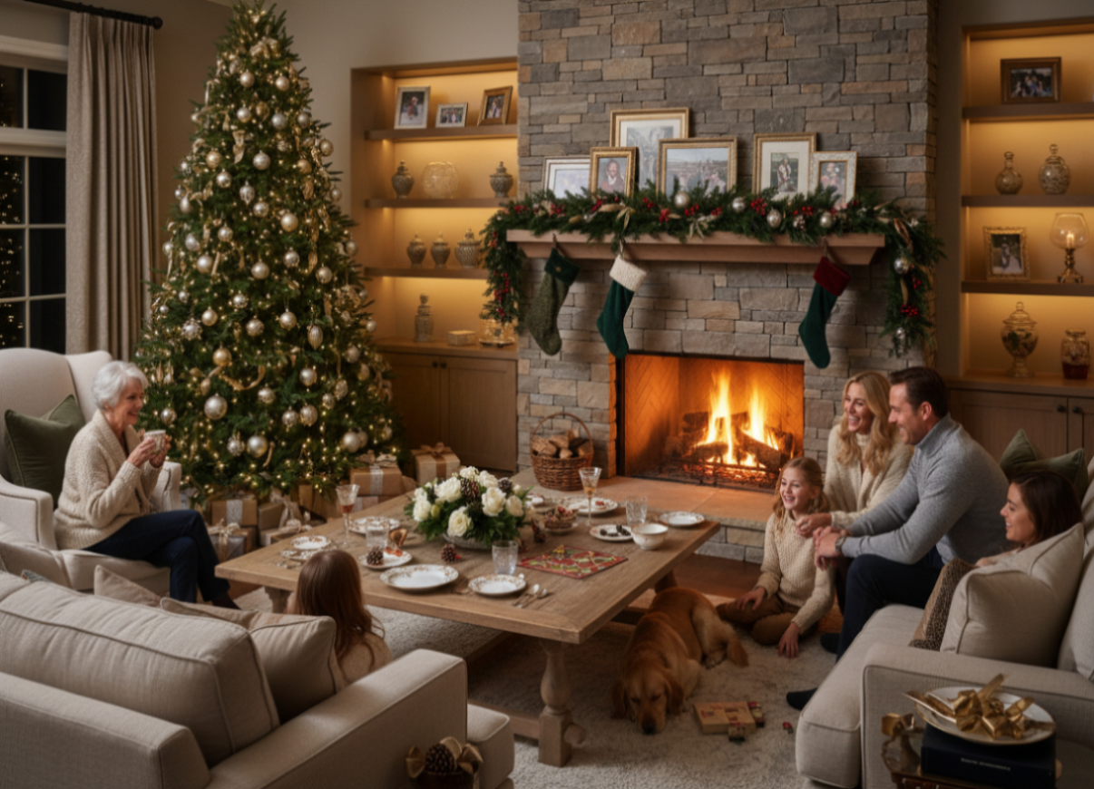 natural realistic image of family gathering in front of a fireplace at the living room filled with christmas decorations (taking reference from products from kirbybuys store christmas collection)
